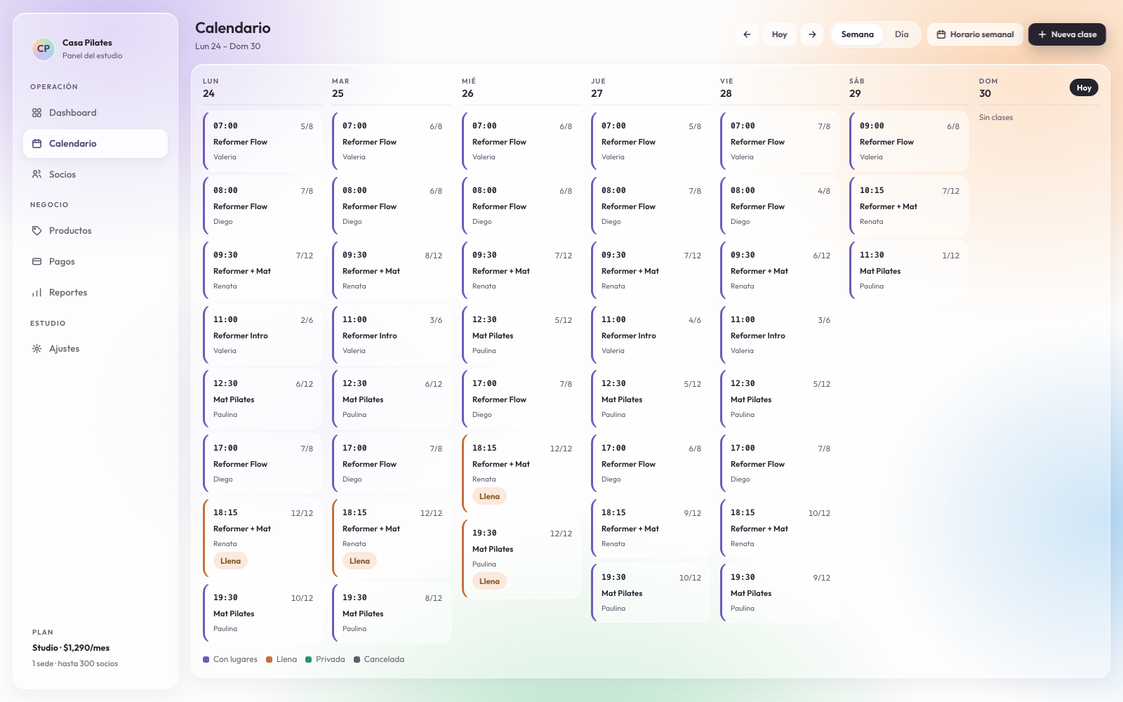 El calendario del panel del estudio, con la semana llena de clases