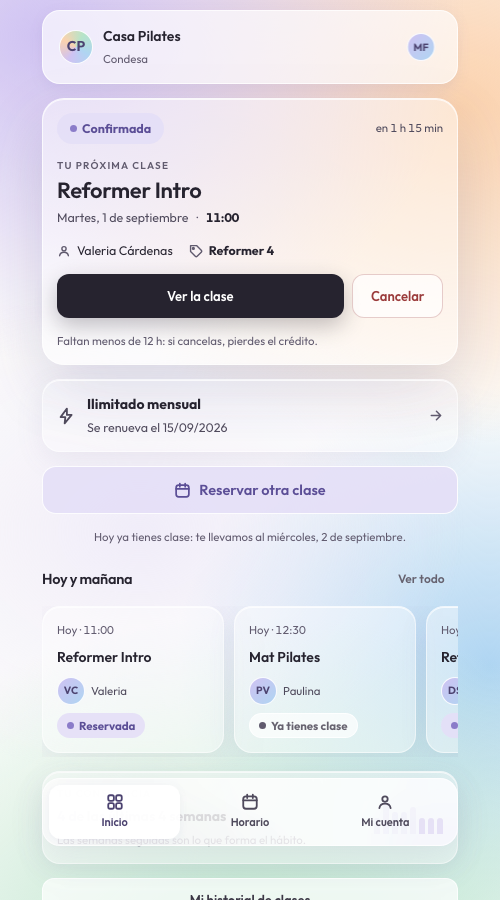 La app de la socia en un teléfono: el horario para reservar su lugar